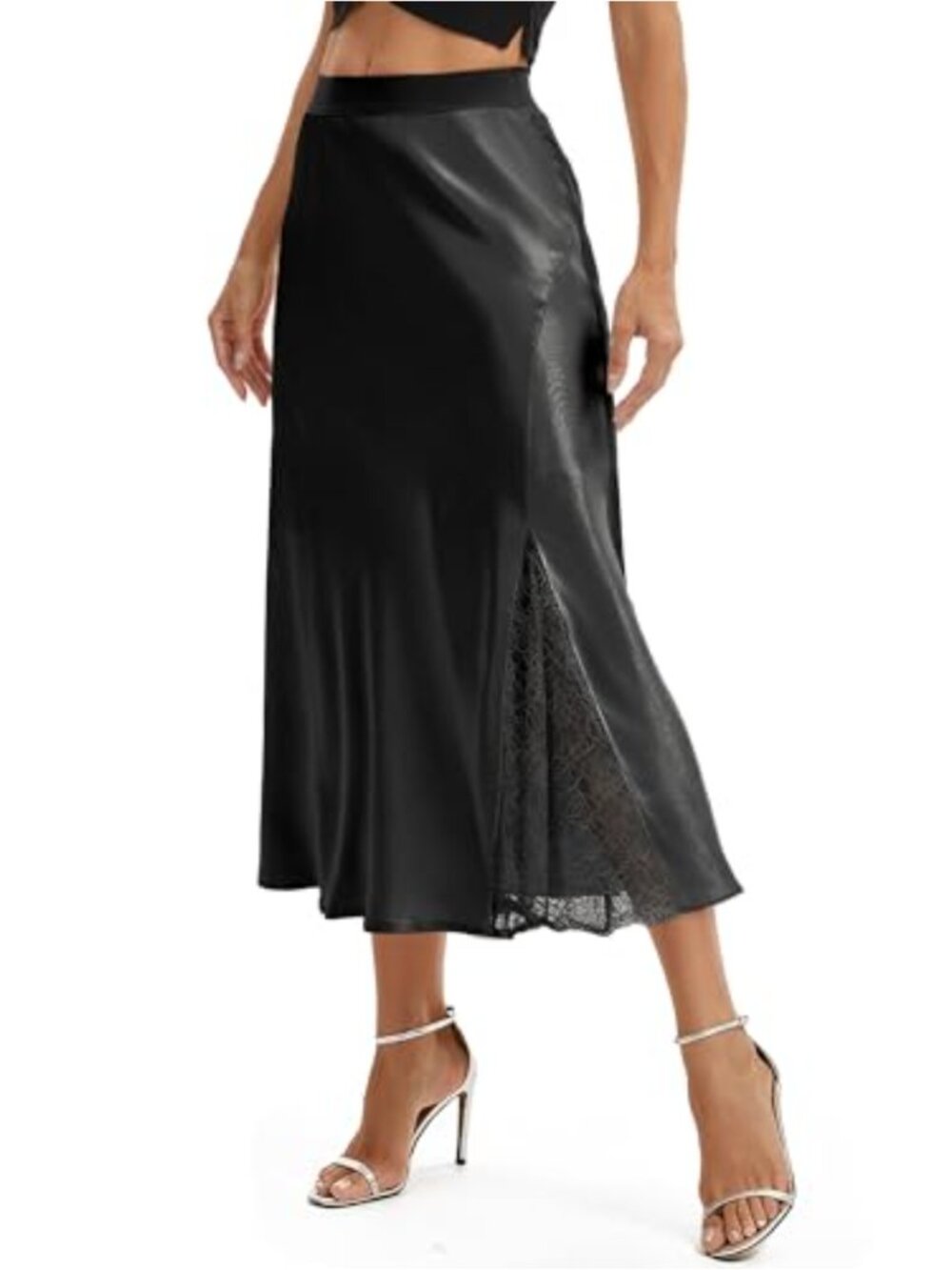 Satin A-Line Midi Skirt with Lace Panels Elastic Waist